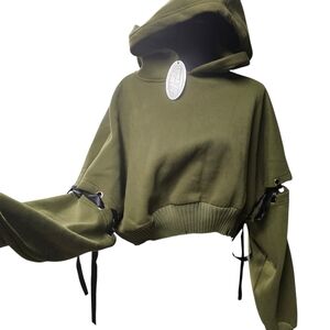 Olive Green Cropped Hoodie with Ribbon Lace-Up Sleeves